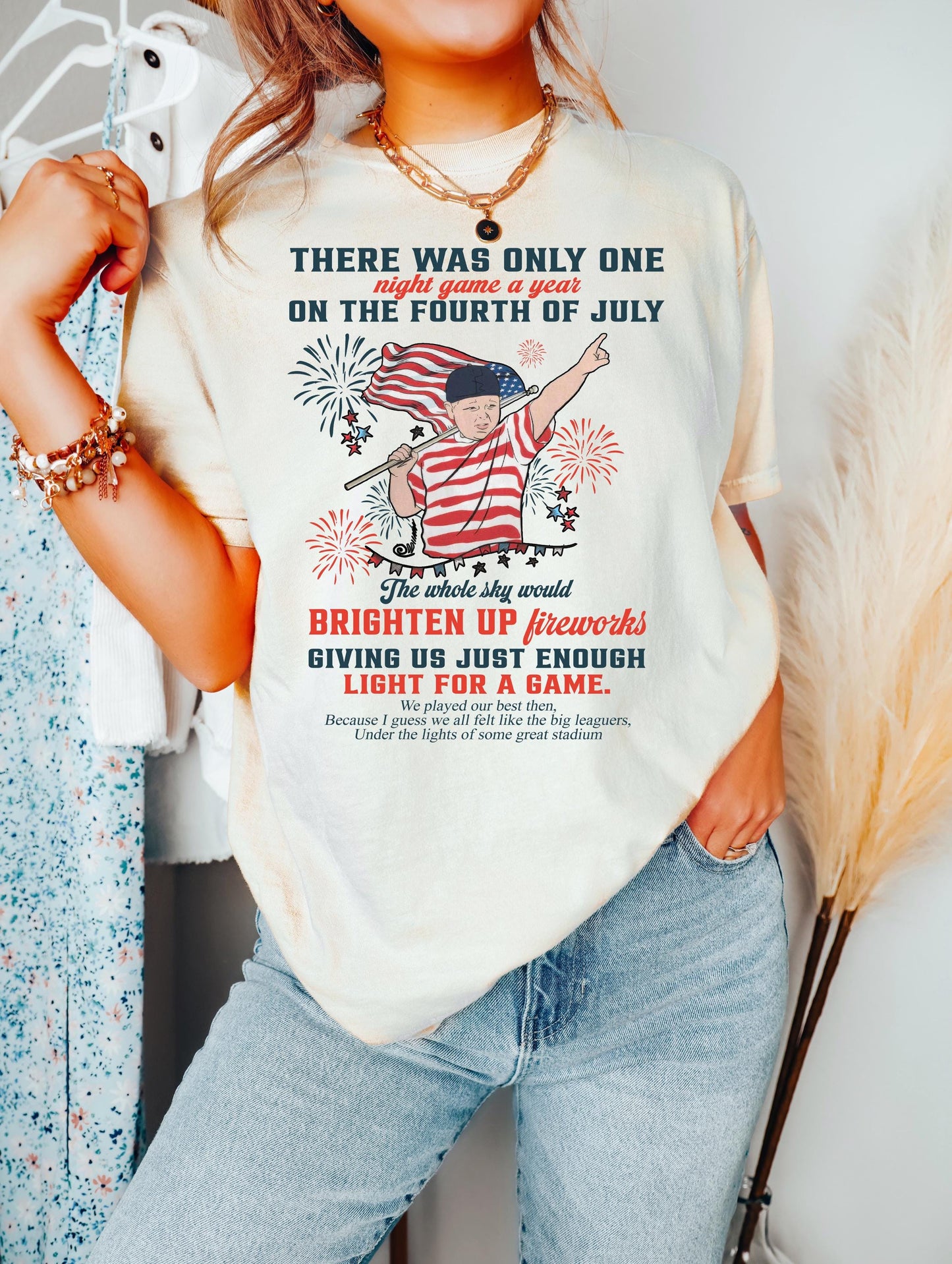 Fourth July Baseball Night Game Tee Retro Americana Fireworks Nostalgic Summer Patriot - T-Shirt, Sweatshirt, Hoodie