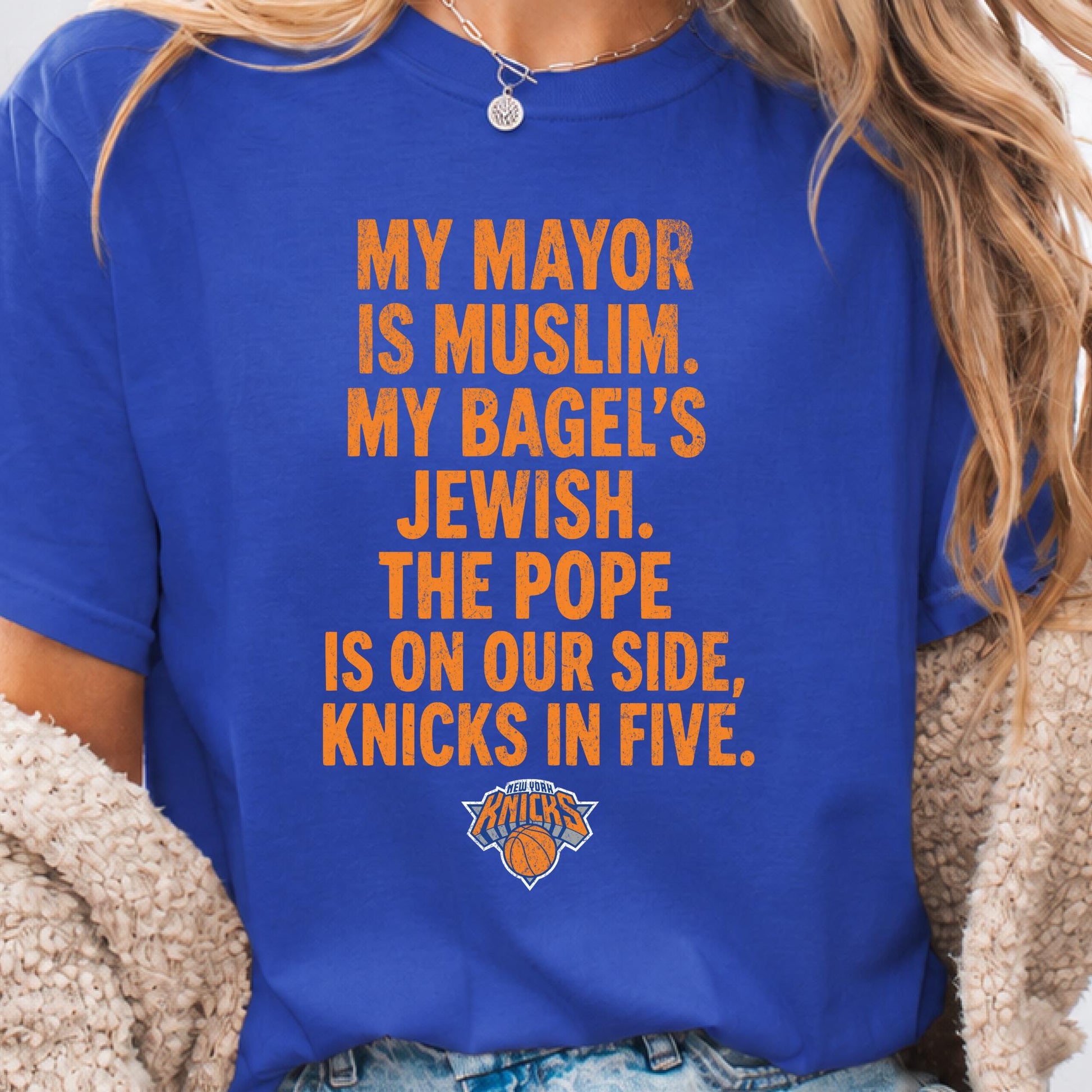 Mayor Muslim Bagels Jewish Pope Side Knicks Five Gildan Tee Knicks Nba Champions 2026 York City Parade - T-Shirt, Sweatshirt, Hoodie