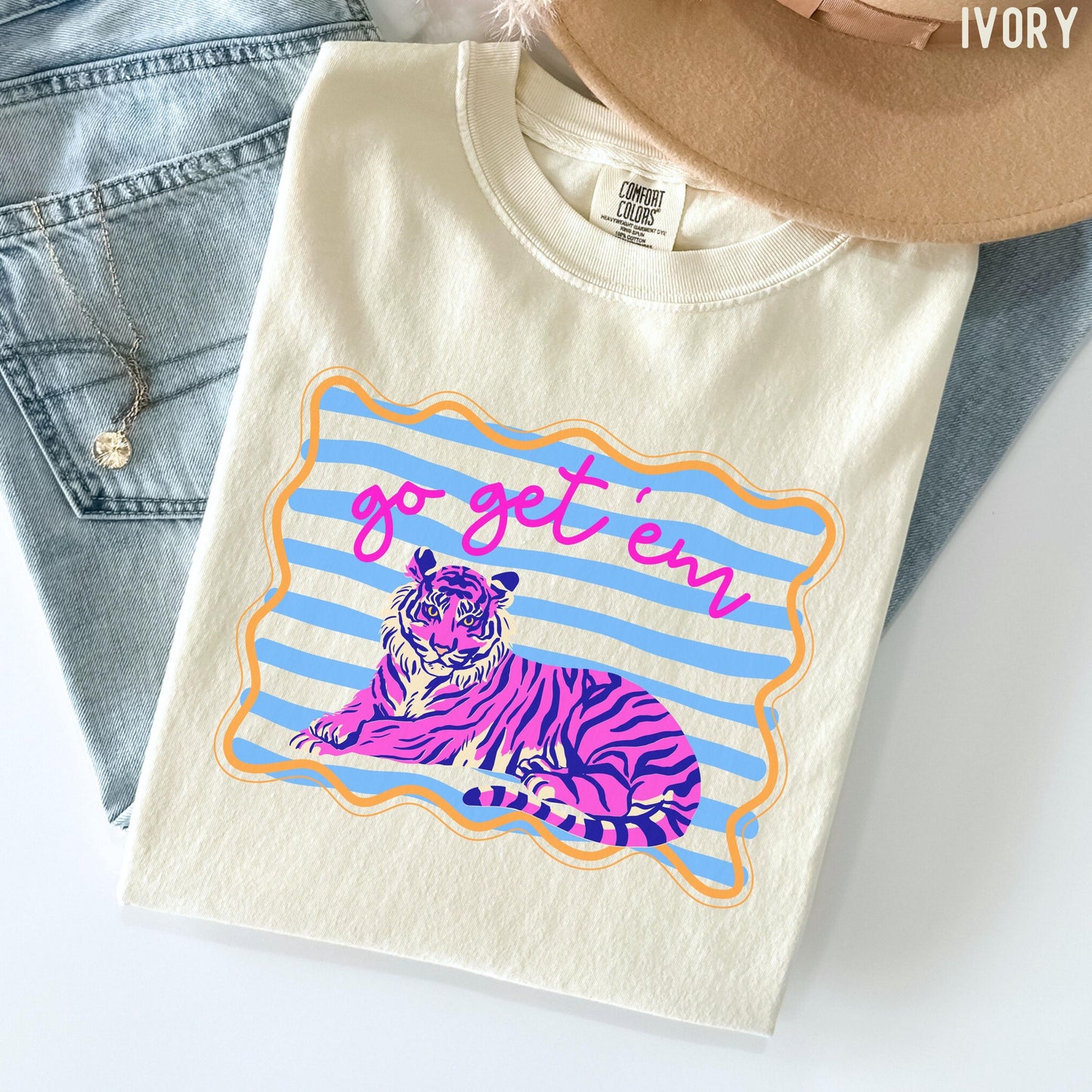 Comfort Colors Go Get Em Tiger Colorful Retro Striped Tiger Tee - T-Shirt, Sweatshirt, Hoodie