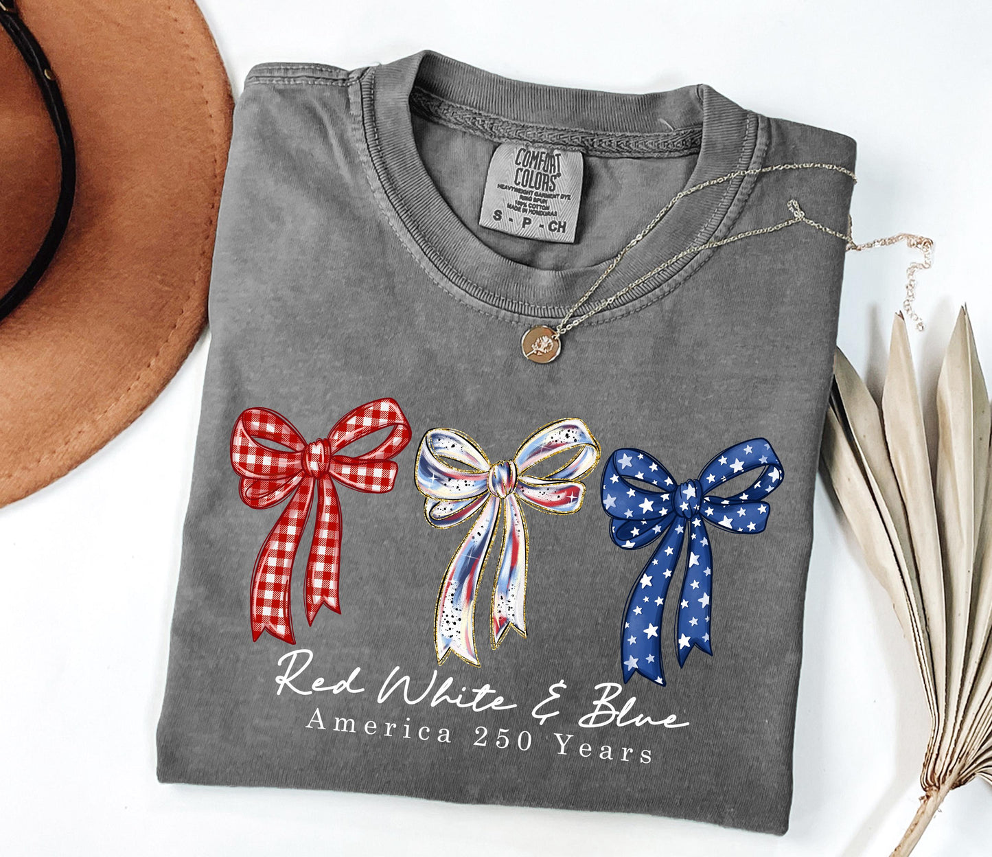 Comfort Colors Preppy Coquette Red White Blue Bow Floral Patriotic America 250 Years Independence Day - T-Shirt, Sweatshirt, Hoodie