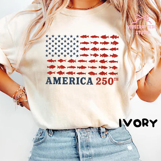 America 250th Fishing Flag Comfort Colors Usa 250 Years Fishing Tee Patriotic Fisherman 4th July Angler - T-Shirt, Sweatshirt, Hoodie