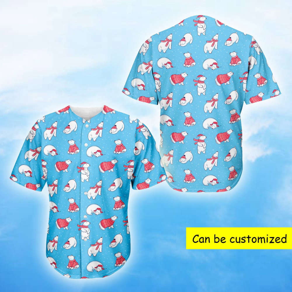 Custom Christmas Polar Bear Baseball Jersey: Unique Xmas Bear Pattern – Shop Now! baseball jersey product view 2