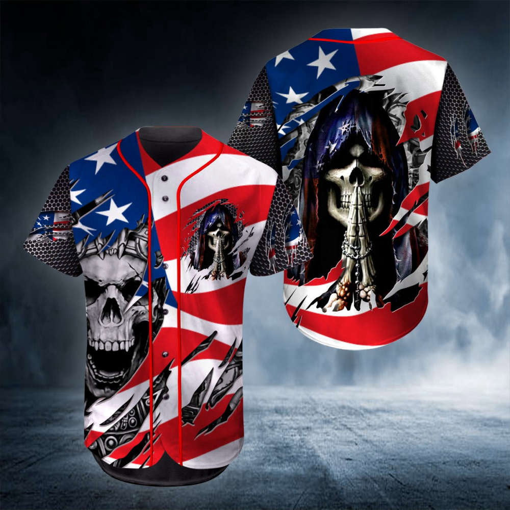 King Pray USA Flag Skull Baseball Jersey: Unique Stylish & Patriotic Apparel baseball jersey product view 2