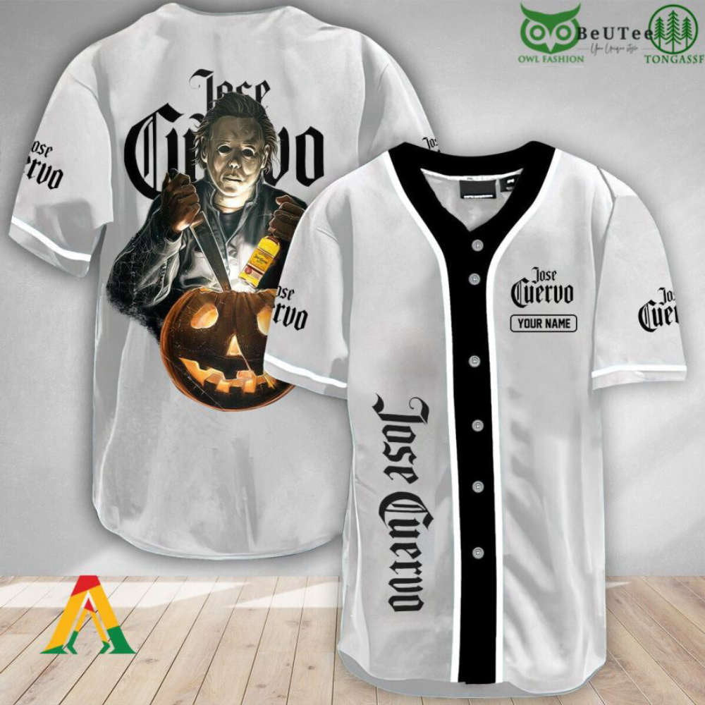 Spooky Michael Myers Pumpkin Halloween Baseball Jersey Shirt – Personalized & Jose Cuervo Branded baseball jersey product view 1