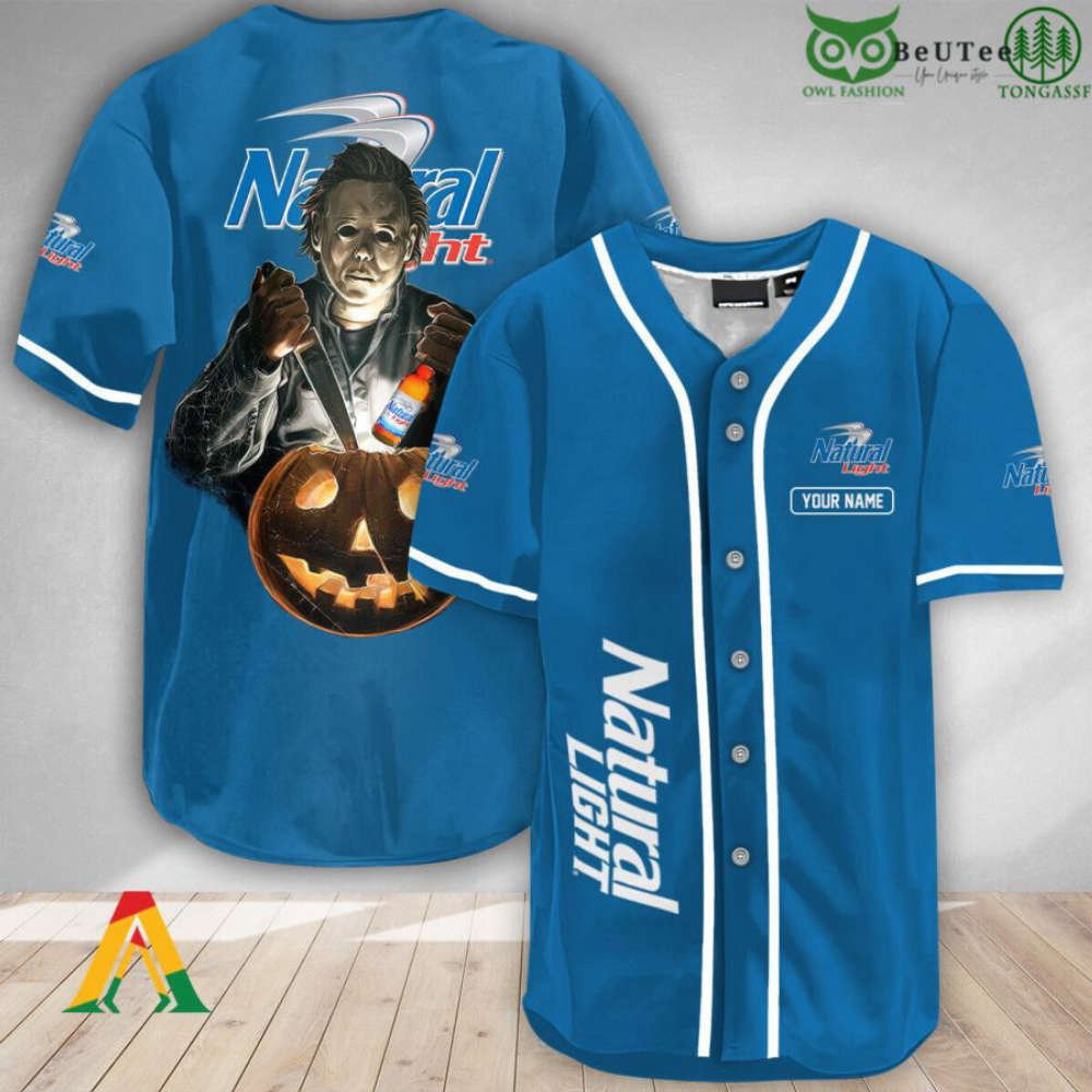 Custom Michael Myers Pumpkin Halloween Baseball Jersey Shirt – Natural Light baseball jersey product view 1