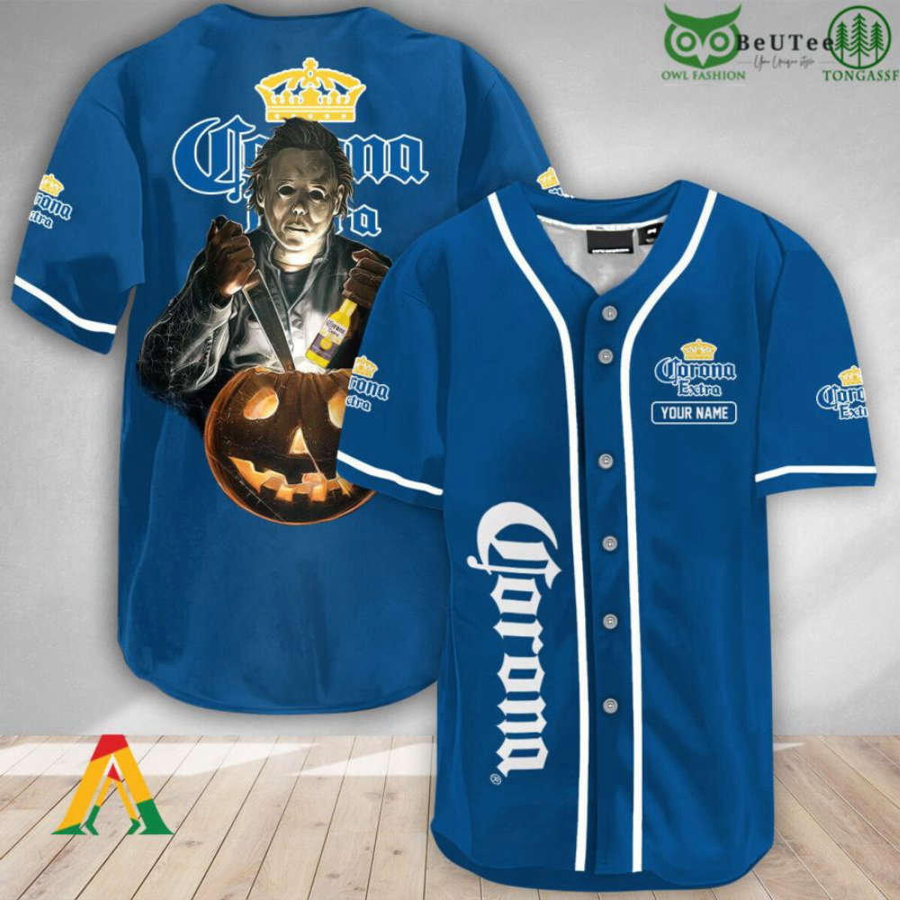 Spooky Michael Myers Pumpkin Corona Extra Halloween Baseball Jersey Shirt baseball jersey product view 1