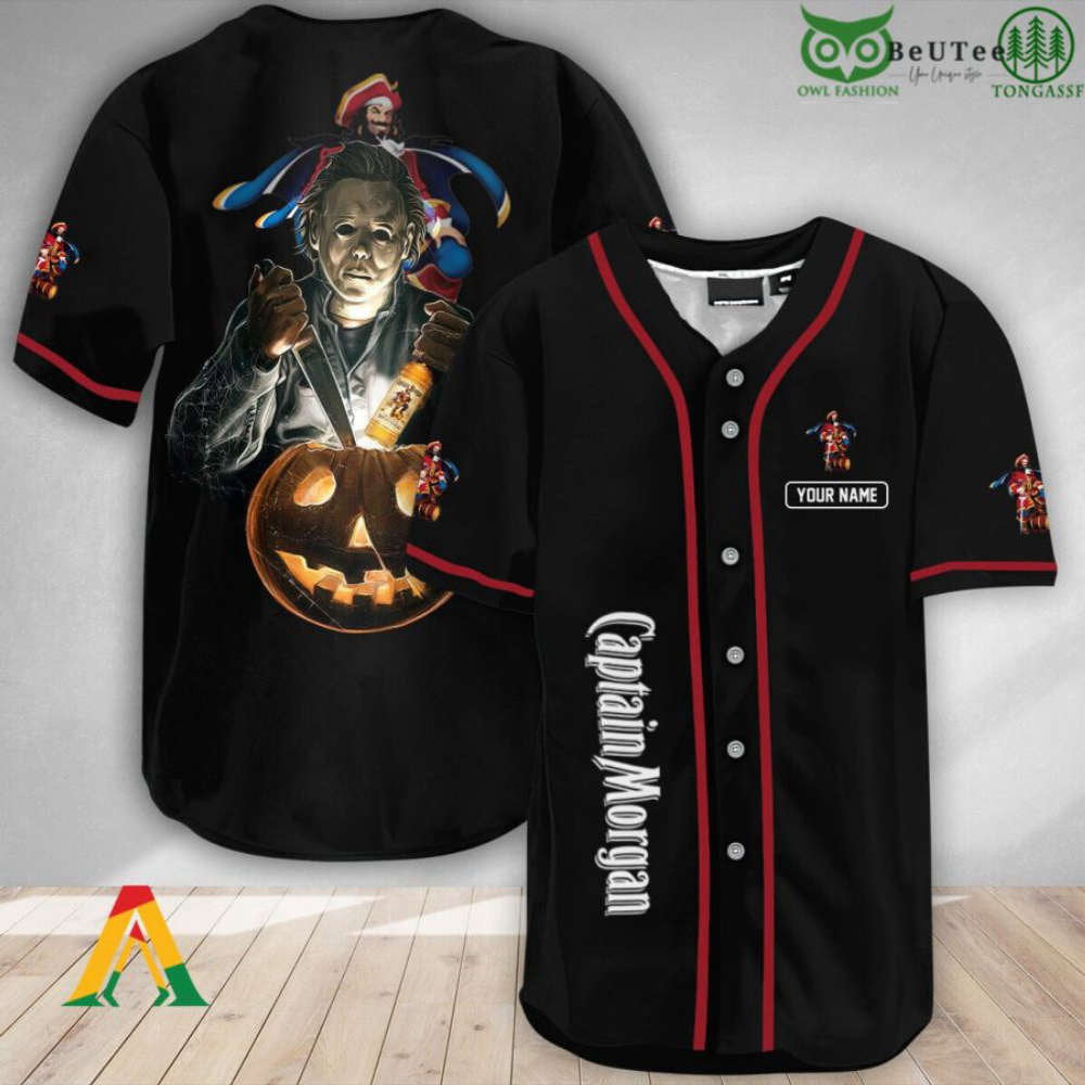 Custom Michael Myers Pumpkin Captain Morgan Halloween Baseball Jersey Shirt baseball jersey product view 1