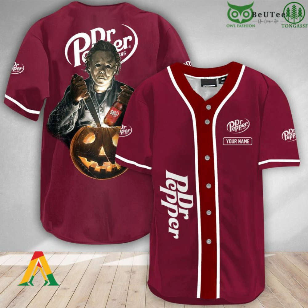 Spooky Michael Myers Pumpkin Dr Pepper Halloween Baseball Jersey Shirt baseball jersey product view 1