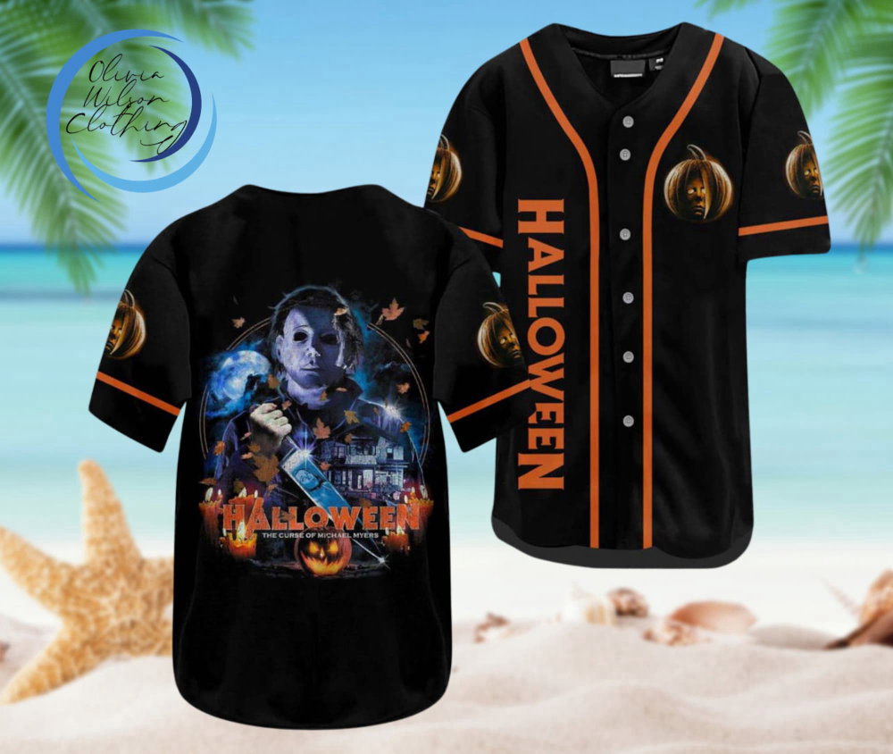 Spooky Michael Myers Pumpkin Halloween Baseball Jersey – Perfect for the Season baseball jersey product view 1
