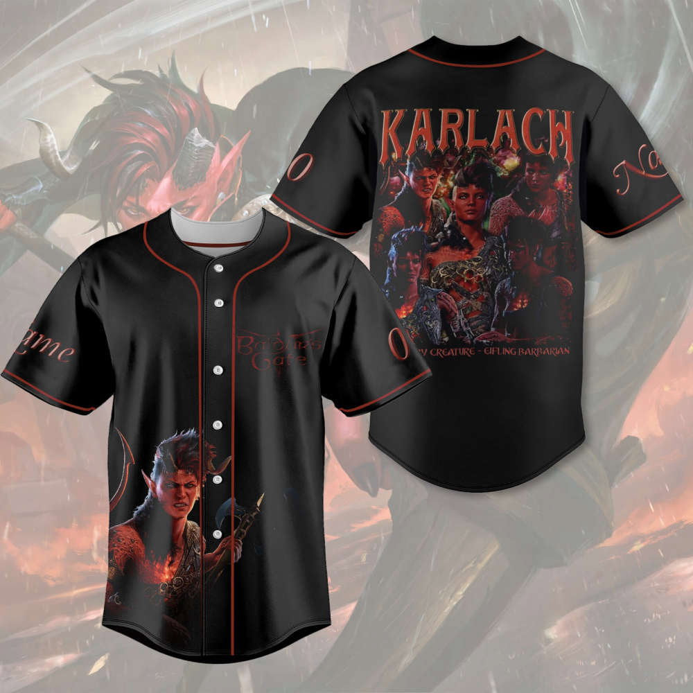 Custom Karlach Baldur s Gate 3 Baseball Jersey – Astarion High Elf Shirt & Rogue Merch Dungeon Master Gift baseball jersey product view 1