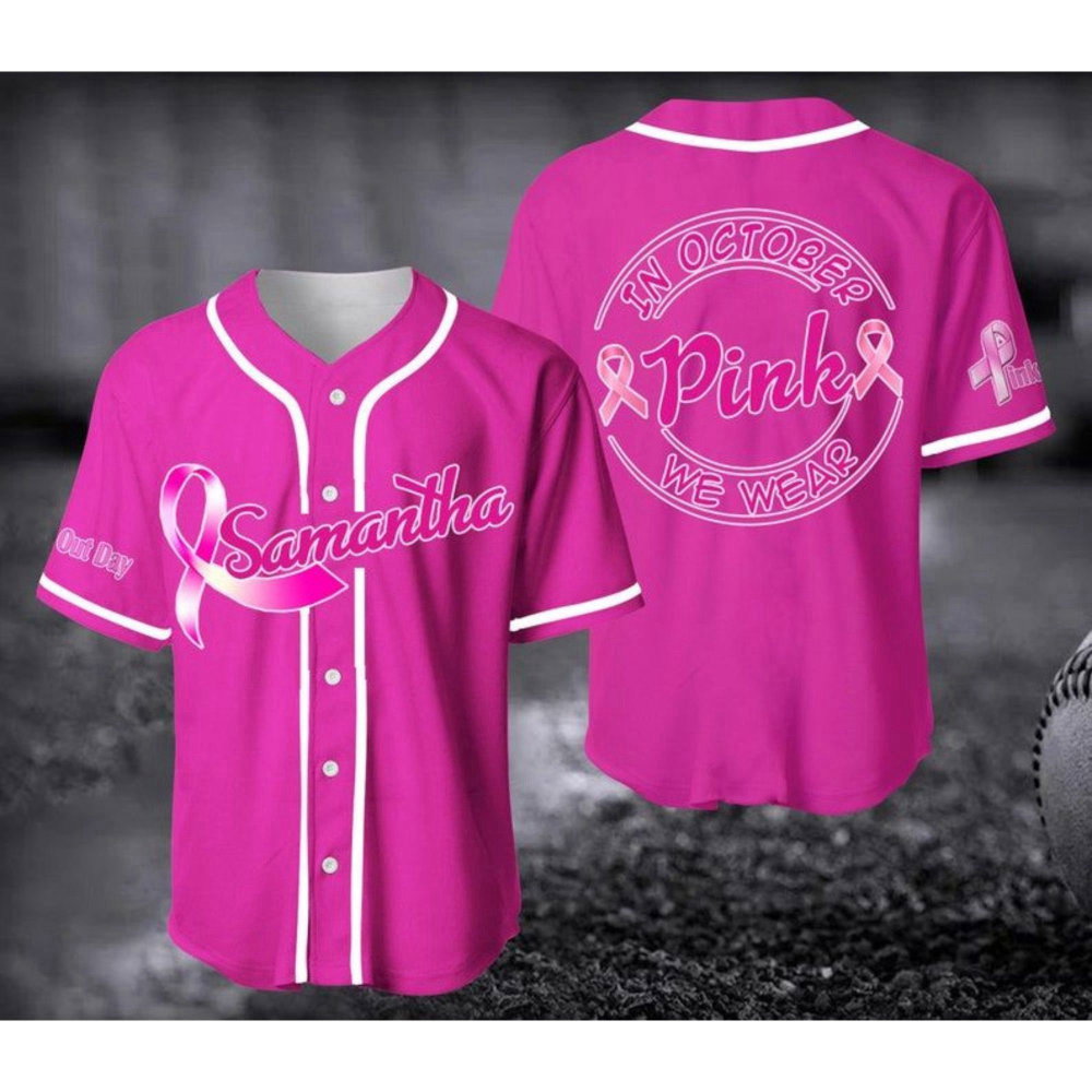 October We Wear Pink Baseball Jersey - Breast Cancer Unisex Shirt Gift for Her Him - Aopprinter baseball jersey product view 3
