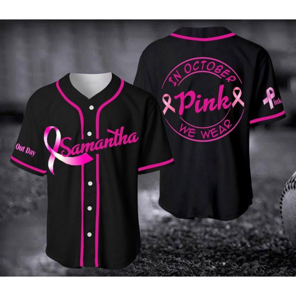 October We Wear Pink Baseball Jersey – Breast Cancer Unisex Shirt Gift for Her Him baseball jersey product view 2