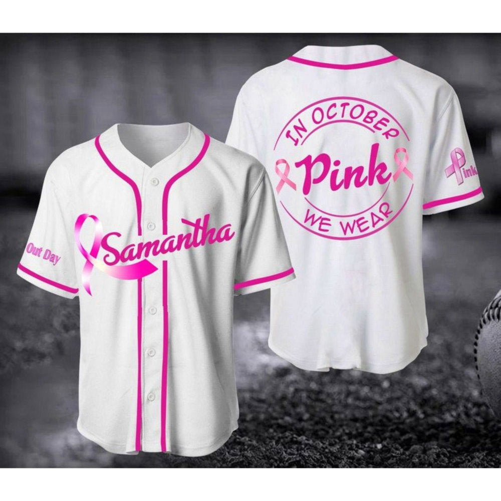 October We Wear Pink Baseball Jersey - Breast Cancer Unisex Shirt Gift for Her Him - Aopprinter baseball jersey product view 1