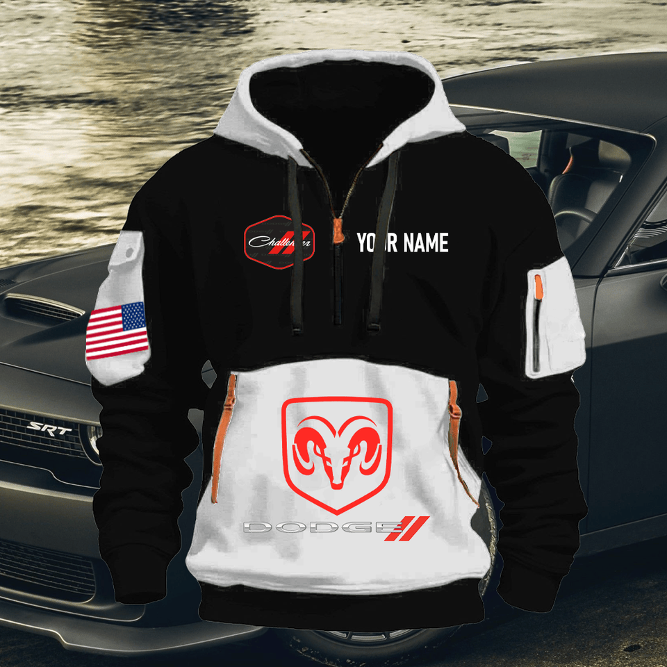 Dodge Challenger Personalized Name White & Black Quarter Zipper Hoodie Unisex T-shirt, Sweatshirt, Hoodie, Long Sleeve Tee - T-Shirt, Sweatshirt, Hoodie