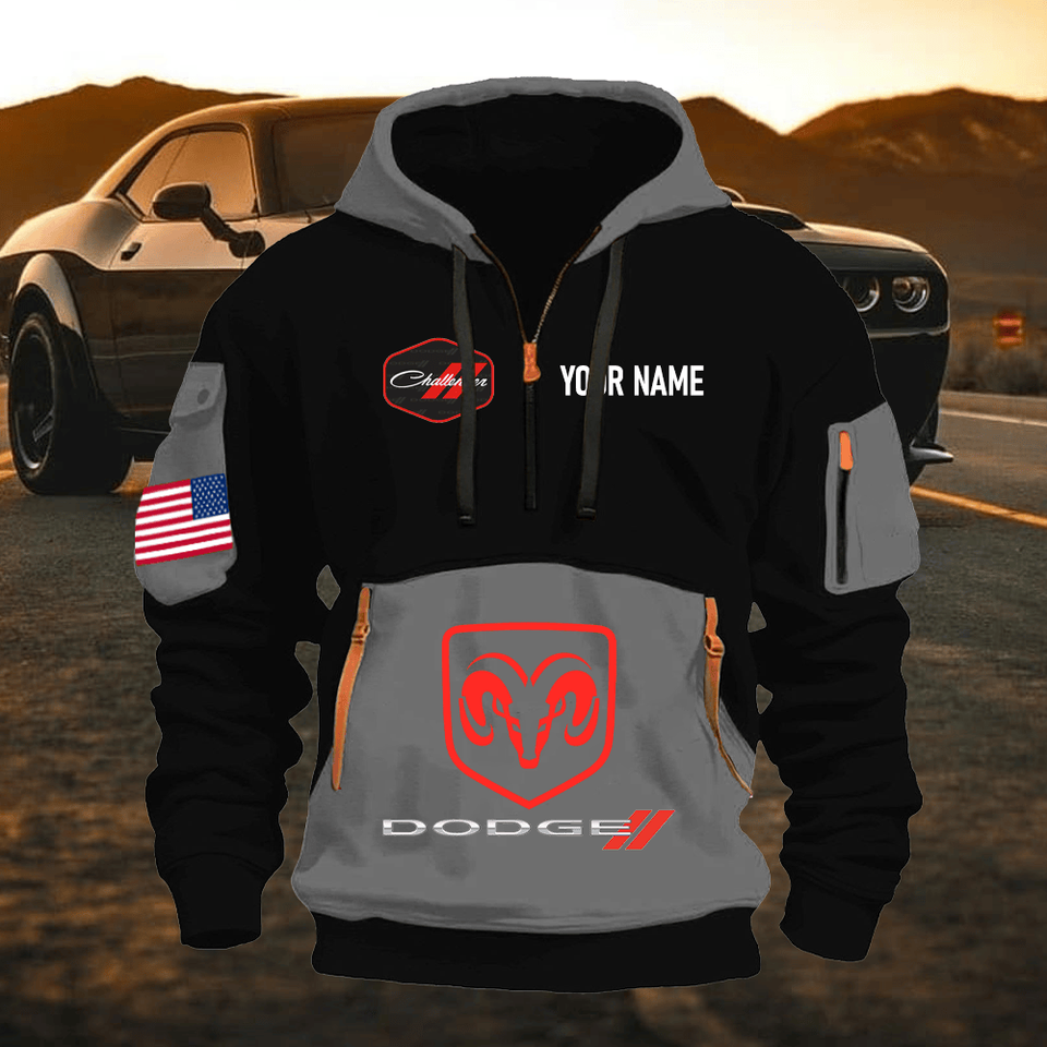 Dodge Challenger Personalized Name Grey & Black Quarter Zipper Hoodie Unisex T-shirt, Sweatshirt, Hoodie, Long Sleeve Tee - T-Shirt, Sweatshirt, Hoodie