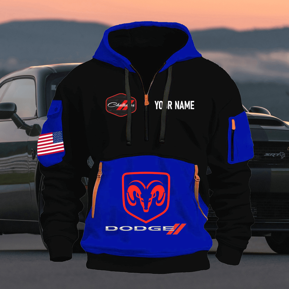 Dodge Challenger Personalized Name Blue & Black Quarter Zipper Hoodie Unisex T-shirt, Sweatshirt, Hoodie, Long Sleeve Tee - T-Shirt, Sweatshirt, Hoodie