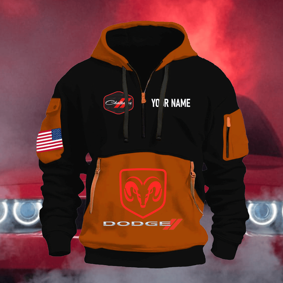 Dodge Challenger Personalized Name Burnt Orange & Black Quarter Zipper Hoodie Unisex T-shirt, Sweatshirt, Hoodie, Long Sleeve Tee - T-Shirt, Sweatshirt, Hoodie