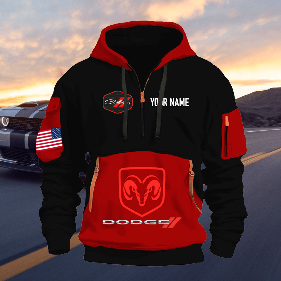 Dodge Challenger Personalized Name Red & Black Quarter Zipper Hoodie Unisex T-shirt, Sweatshirt, Hoodie, Long Sleeve Tee - T-Shirt, Sweatshirt, Hoodie