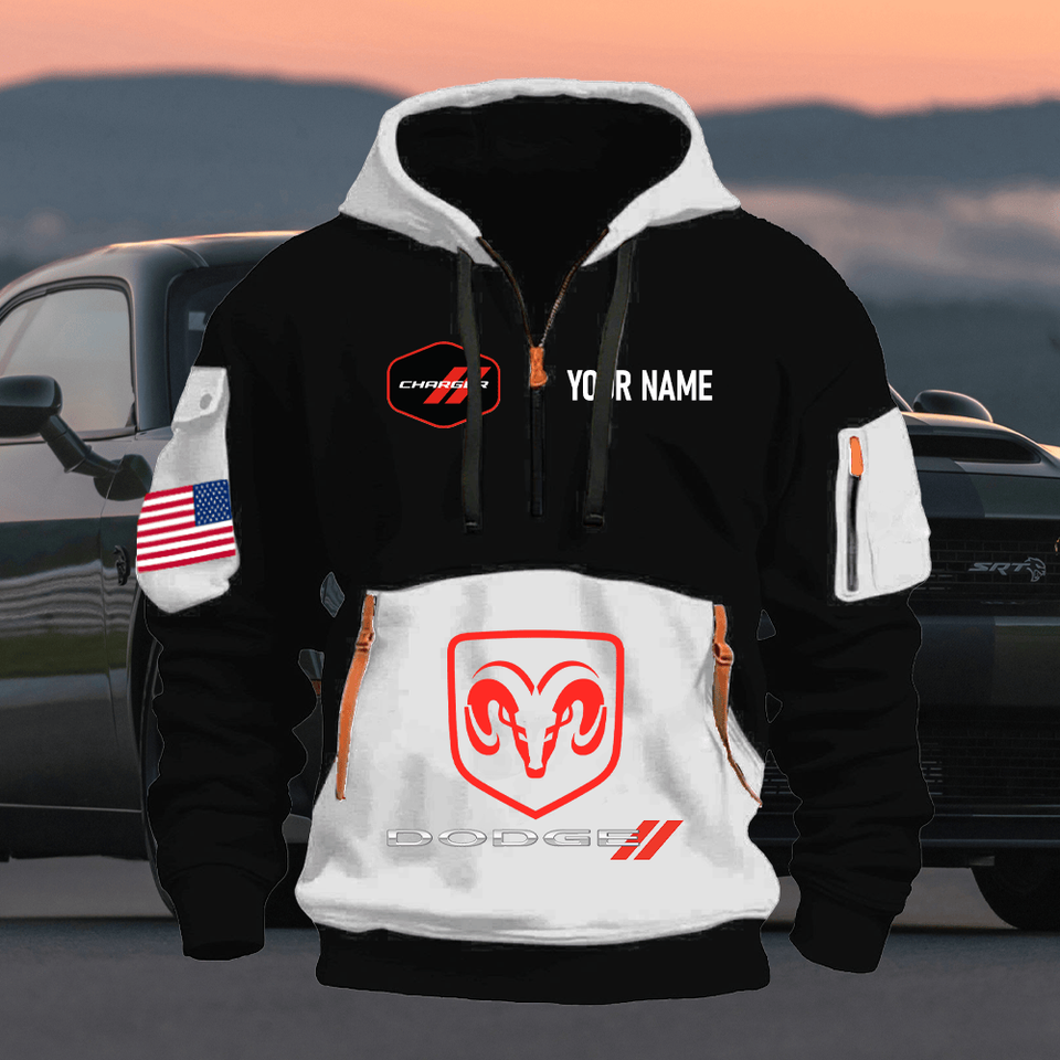 Dodge Charger Personalized Name White & Black Quarter Zipper Hoodie Unisex T-shirt, Sweatshirt, Hoodie, Long Sleeve Tee - T-Shirt, Sweatshirt, Hoodie