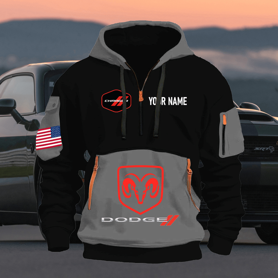 Dodge Charger Personalized Name Grey & Black Quarter Zipper Hoodie Unisex T-shirt, Sweatshirt, Hoodie, Long Sleeve Tee - T-Shirt, Sweatshirt, Hoodie