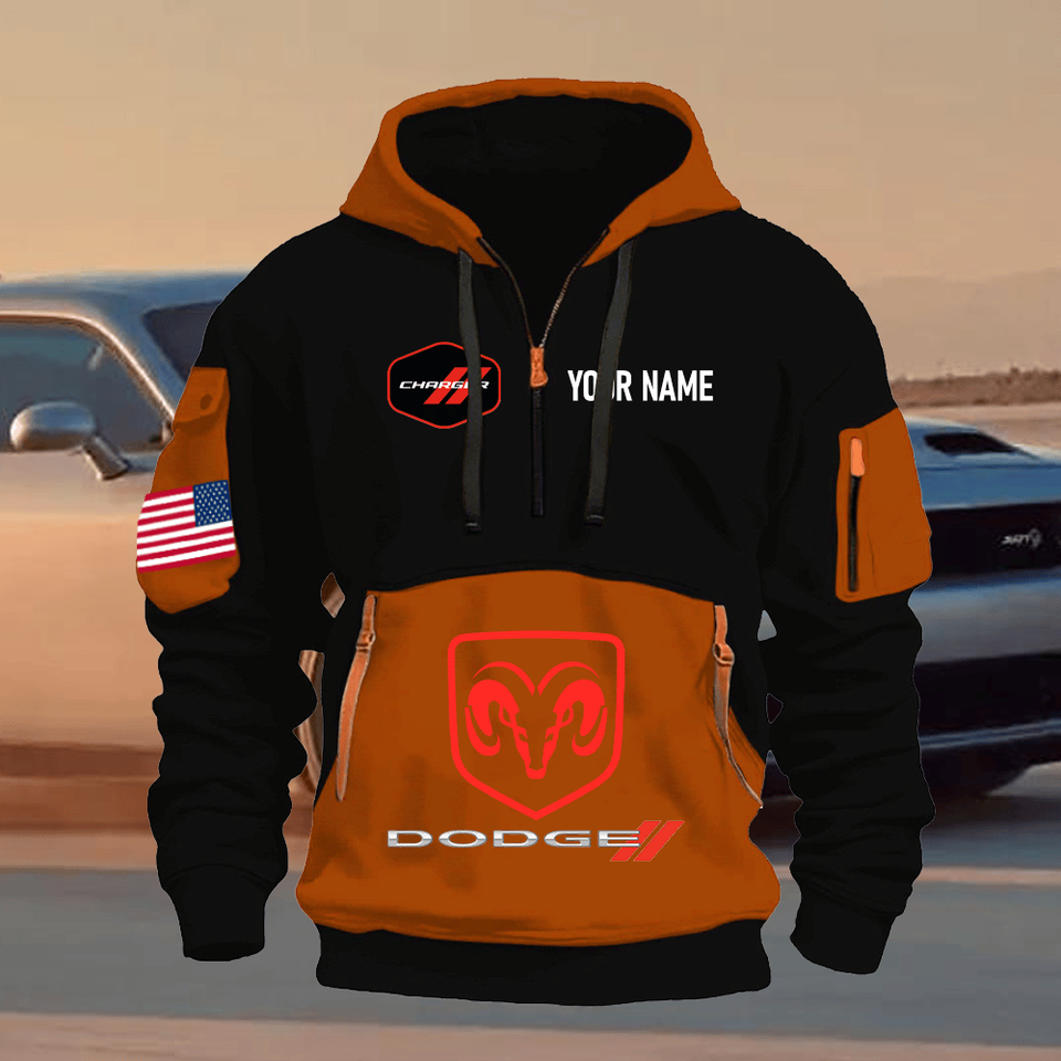 Dodge Charger Personalized Name Burnt Orange & Black Quarter Zipper Hoodie Unisex T-shirt, Sweatshirt, Hoodie, Long Sleeve Tee - T-Shirt, Sweatshirt, Hoodie