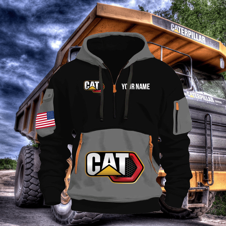 Caterpillar Personalized Name Grey & Black Quarter Zipper Hoodie Unisex T-shirt, Sweatshirt, Hoodie, Long Sleeve Tee - T-Shirt, Sweatshirt, Hoodie
