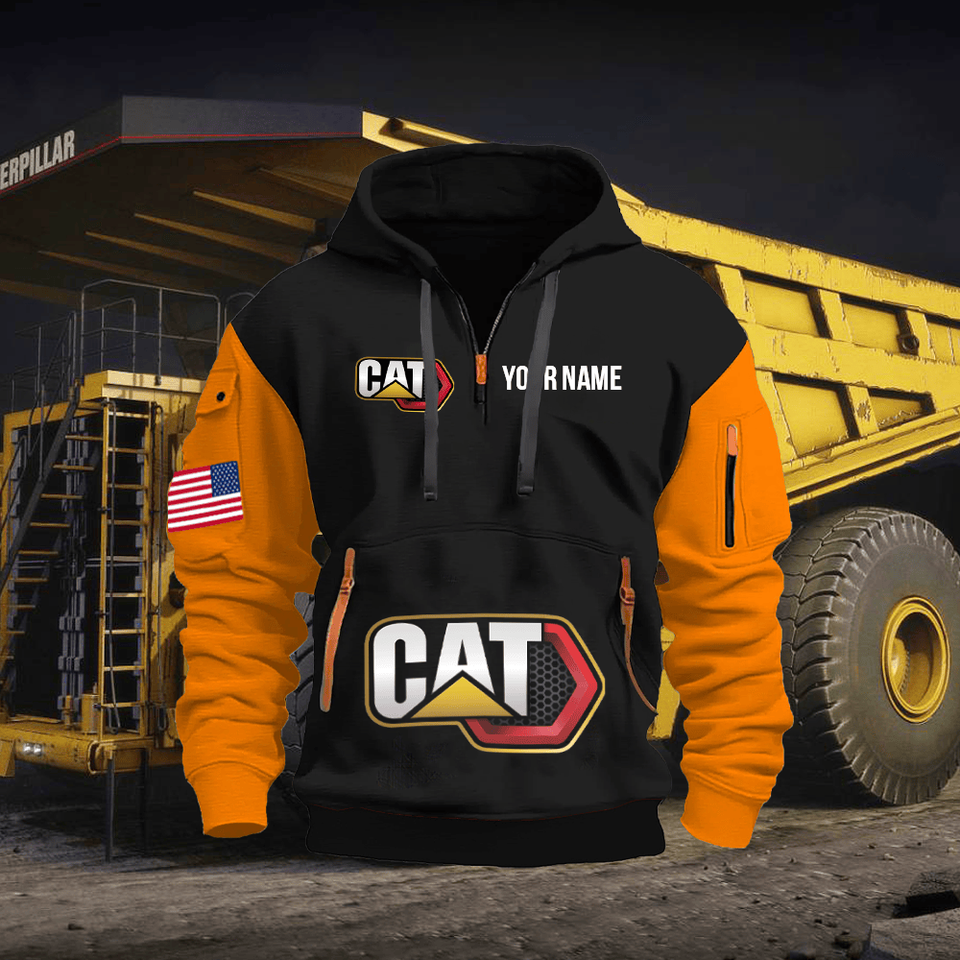 Caterpillar Personalized Name Black Quarter Zipper Hoodie - Orange Sleeve Unisex T-shirt, Sweatshirt, Hoodie, Long Sleeve Tee - T-Shirt, Sweatshirt, Hoodie
