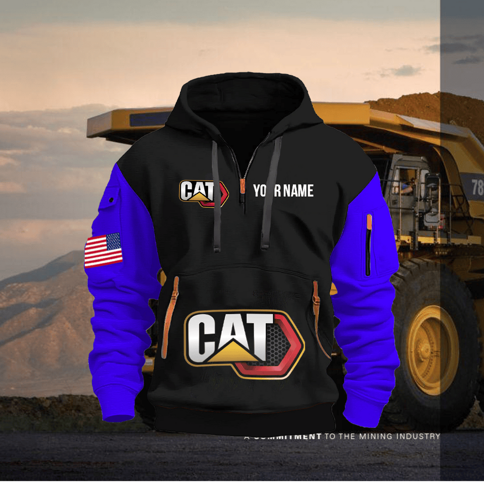 Caterpillar Personalized Name Black Quarter Zipper Hoodie - Blue Sleeve Unisex T-shirt, Sweatshirt, Hoodie, Long Sleeve Tee - T-Shirt, Sweatshirt, Hoodie