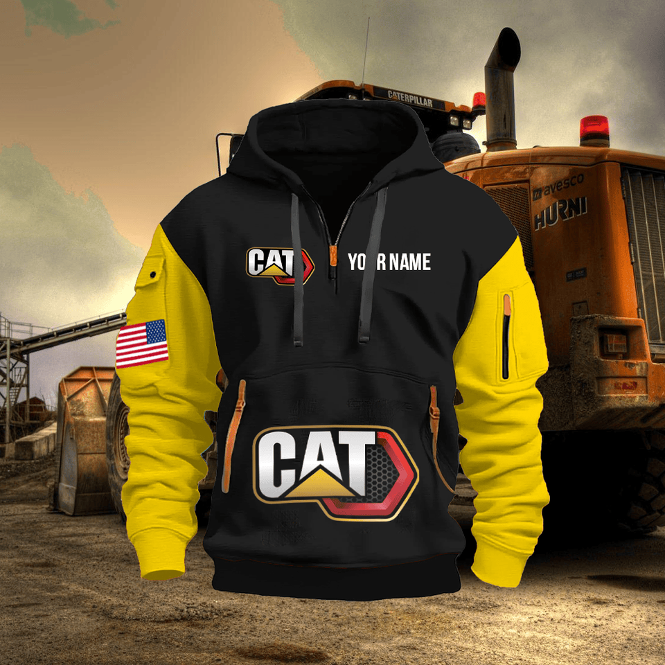 Caterpillar Personalized Name Black Quarter Zipper Hoodie - Yellow Sleeve Unisex T-shirt, Sweatshirt, Hoodie, Long Sleeve Tee - T-Shirt, Sweatshirt, Hoodie