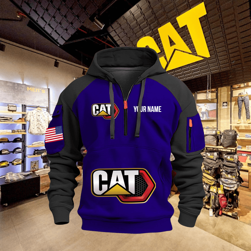 Caterpillar Personalized Name Blue Quarter Zipper Hoodie - Black Sleeve Unisex T-shirt, Sweatshirt, Hoodie, Long Sleeve Tee - T-Shirt, Sweatshirt, Hoodie