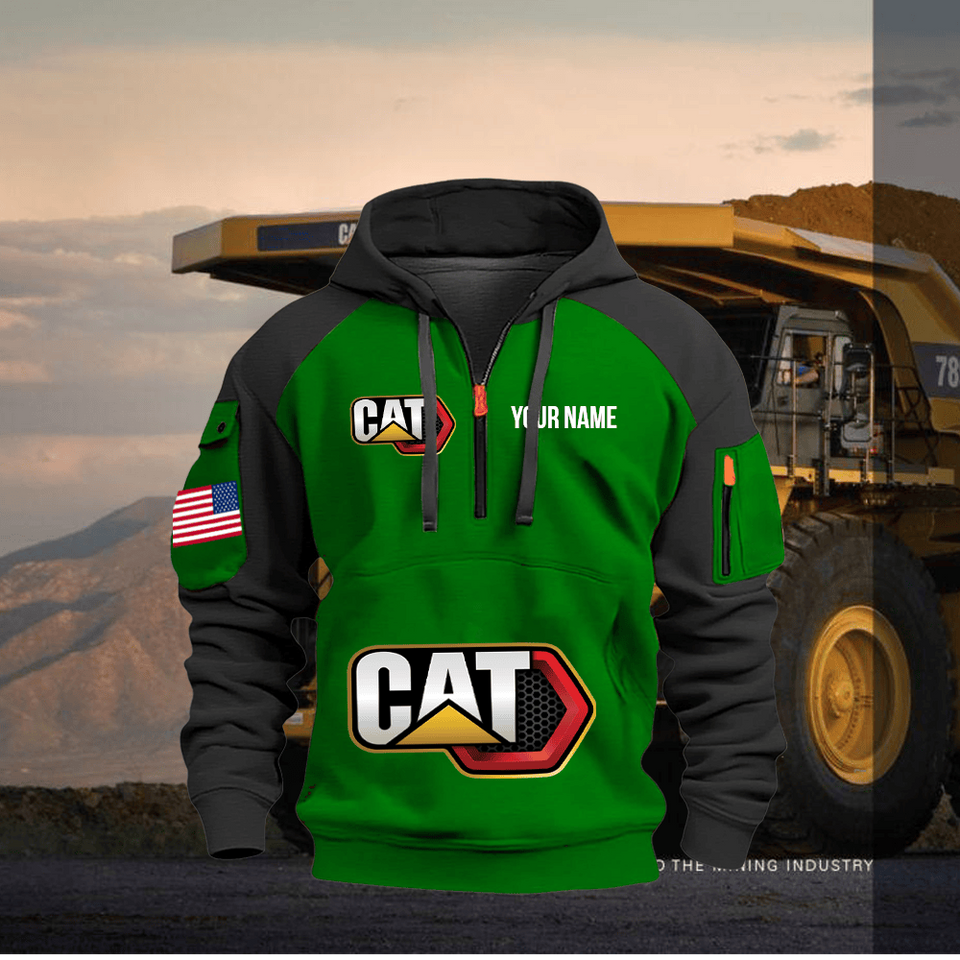 Caterpillar Personalized Name Green Quarter Zipper Hoodie - Black Sleeve Unisex T-shirt, Sweatshirt, Hoodie, Long Sleeve Tee - T-Shirt, Sweatshirt, Hoodie