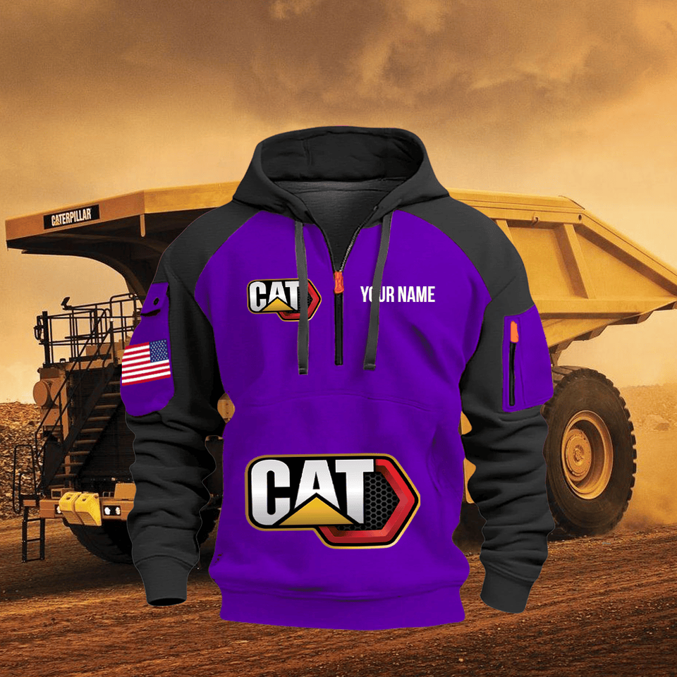 Caterpillar Personalized Name Purple Quarter Zipper Hoodie - Black Sleeve Unisex T-shirt, Sweatshirt, Hoodie, Long Sleeve Tee - T-Shirt, Sweatshirt, Hoodie