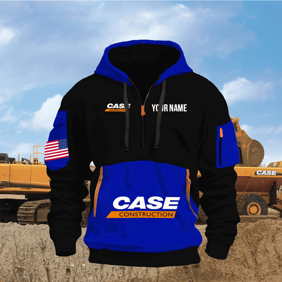 Case Construction Equipment Personalized Name Blue & Black Quarter Zipper Hoodie Unisex T-shirt, Sweatshirt, Hoodie, Long Sleeve Tee - T-Shirt, Sweatshirt, Hoodie