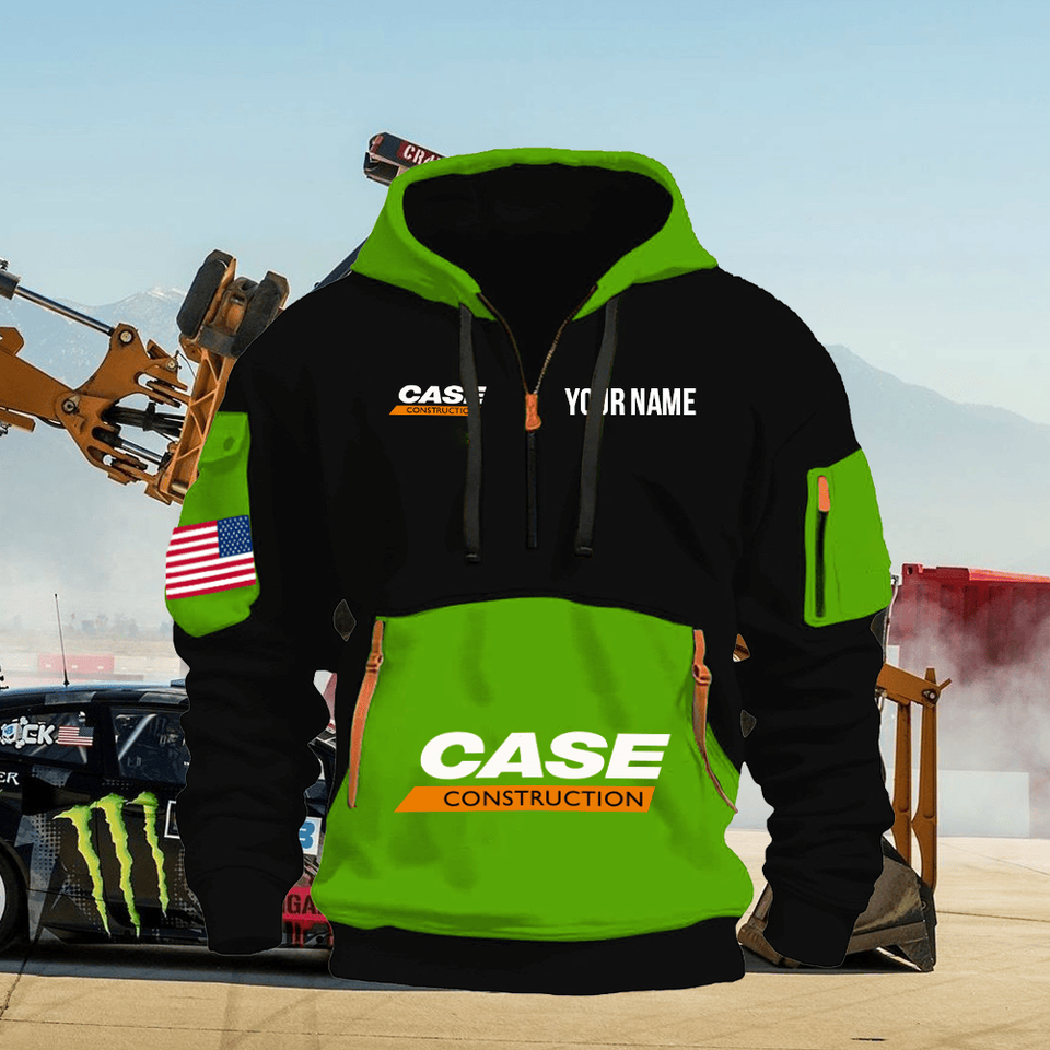 Case Construction Equipment Personalized Name Green & Black Quarter Zipper Hoodie Unisex T-shirt, Sweatshirt, Hoodie, Long Sleeve Tee - T-Shirt, Sweatshirt, Hoodie