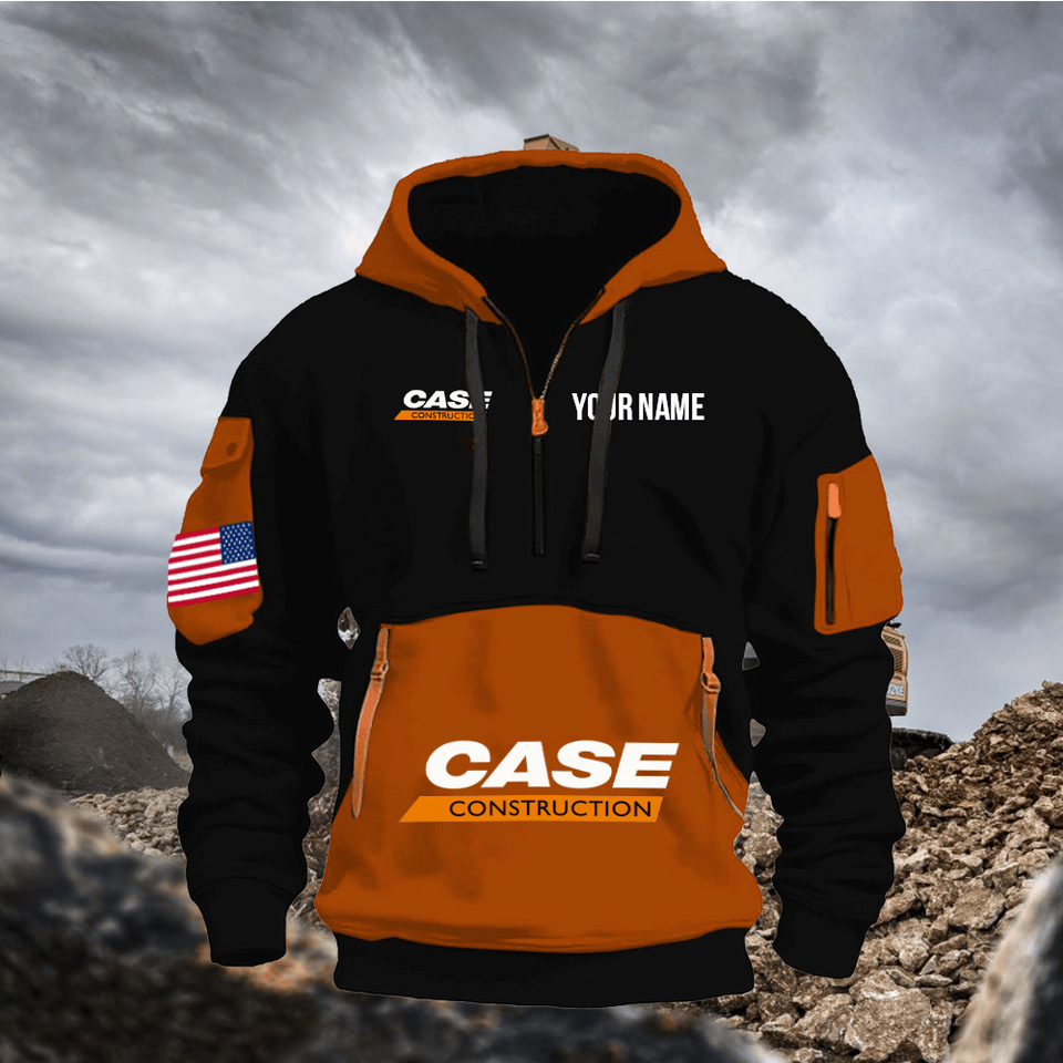 Case Construction Equipment Personalized Name Burnt Orange & Black Quarter Zipper Hoodie Unisex T-shirt, Sweatshirt, Hoodie, Long Sleeve Tee - T-Shirt, Sweatshirt, Hoodie