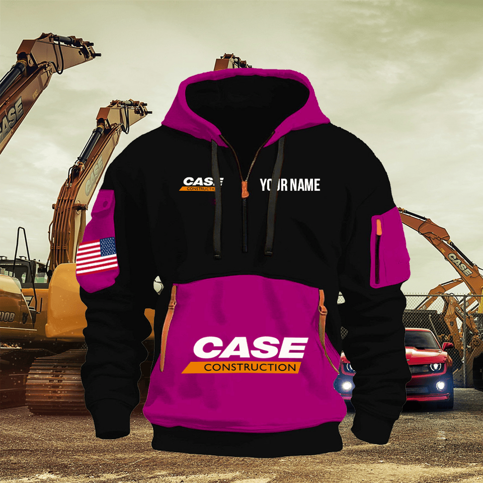 Case Construction Equipment Personalized Name Pink & Black Quarter Zipper Hoodie Unisex T-shirt, Sweatshirt, Hoodie, Long Sleeve Tee - T-Shirt, Sweatshirt, Hoodie