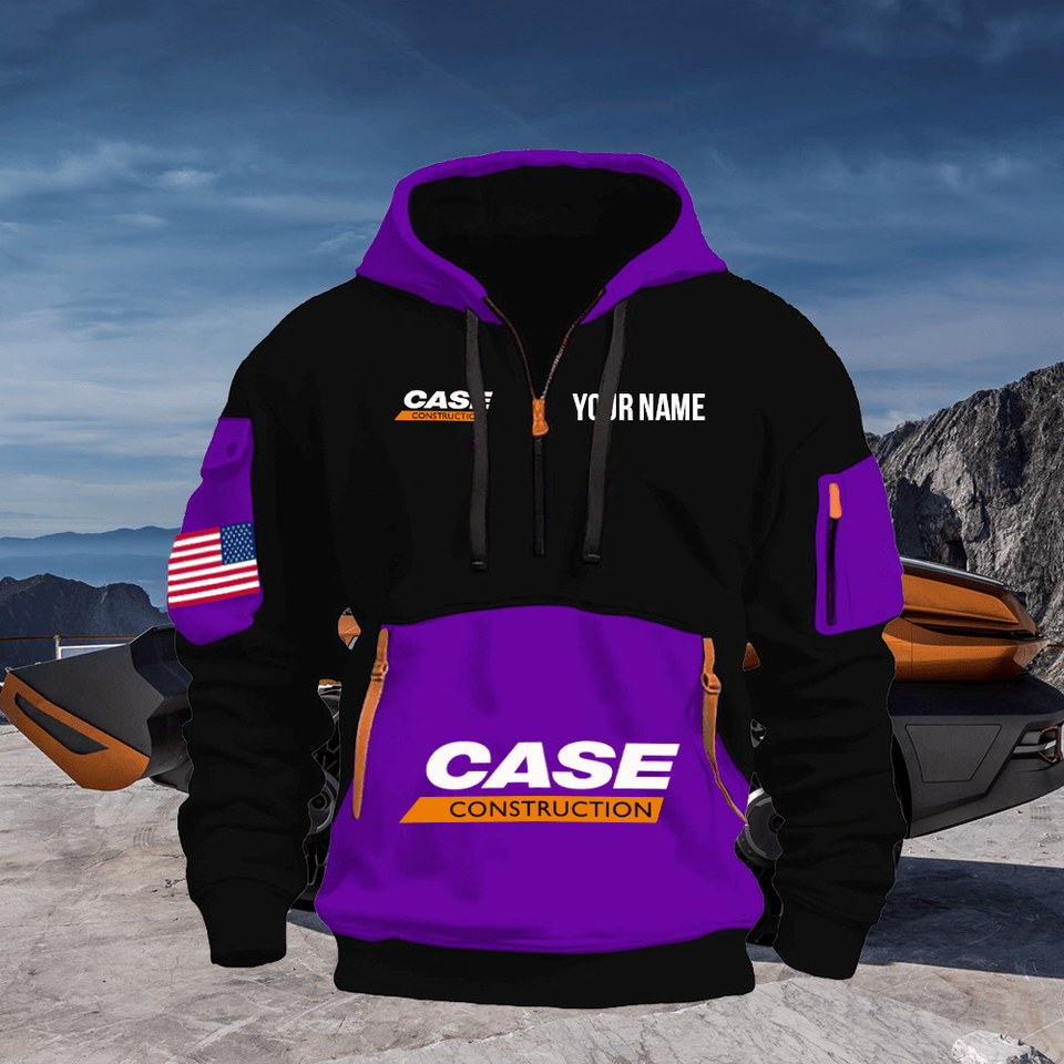 Case Construction Equipment Personalized Name Purple & Black Quarter Zipper Hoodie Unisex T-shirt, Sweatshirt, Hoodie, Long Sleeve Tee - T-Shirt, Sweatshirt, Hoodie