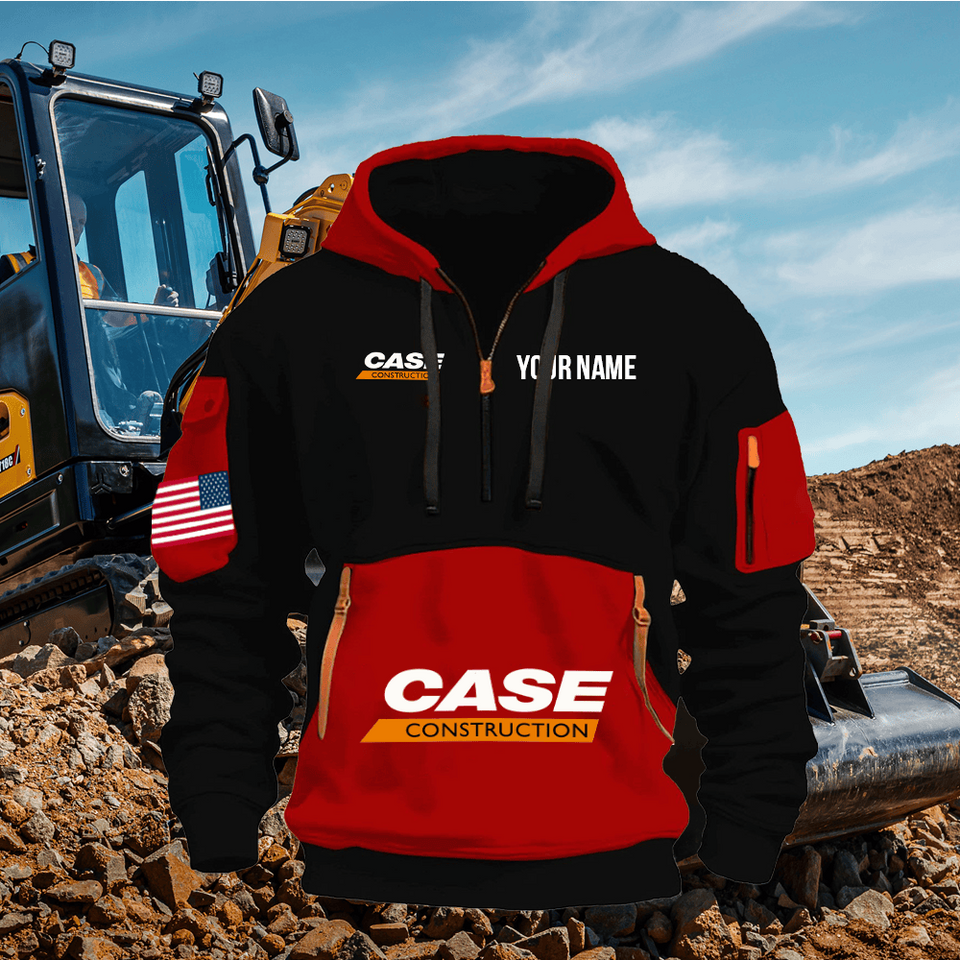 Case Construction Equipment Personalized Name Red & Black Quarter Zipper Hoodie Unisex T-shirt, Sweatshirt, Hoodie, Long Sleeve Tee - T-Shirt, Sweatshirt, Hoodie