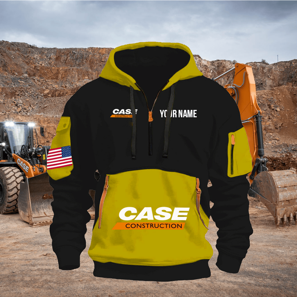 Case Construction Equipment Personalized Name Yellow & Black Quarter Zipper Hoodie Unisex T-shirt, Sweatshirt, Hoodie, Long Sleeve Tee - T-Shirt, Sweatshirt, Hoodie