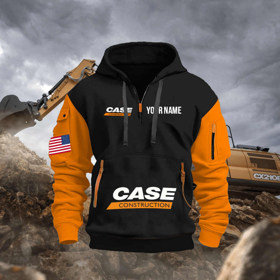 Case Construction Equipment Personalized Name Black Quarter Zipper Hoodie - Orange Sleeve Unisex T-shirt, Sweatshirt, Hoodie, Long Sleeve Tee - T-Shirt, Sweatshirt, Hoodie