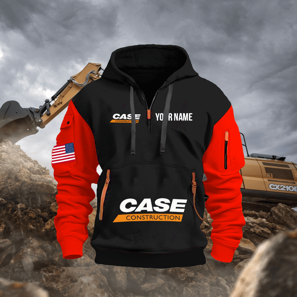 Case Construction Equipment Personalized Name Black Quarter Zipper Hoodie - Red Sleeve Unisex T-shirt, Sweatshirt, Hoodie, Long Sleeve Tee - T-Shirt, Sweatshirt, Hoodie