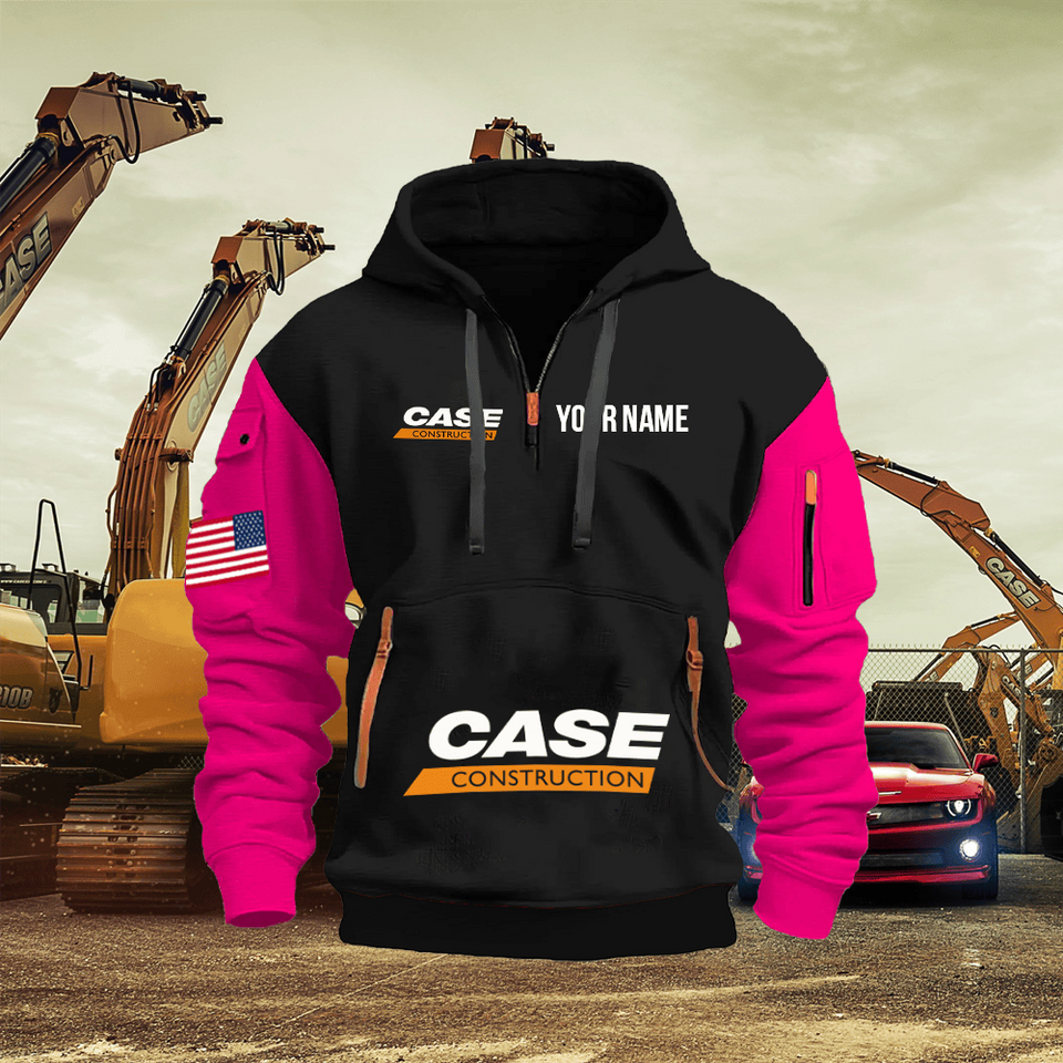 Case Construction Equipment Personalized Name Black Quarter Zipper Hoodie - Pink Sleeve Unisex T-shirt, Sweatshirt, Hoodie, Long Sleeve Tee - T-Shirt, Sweatshirt, Hoodie