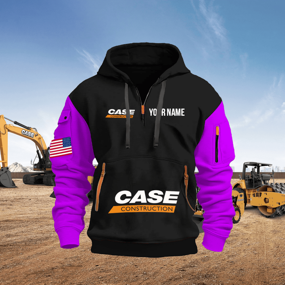 Case Construction Equipment Personalized Name Black Quarter Zipper Hoodie - Purple Sleeve Unisex T-shirt, Sweatshirt, Hoodie, Long Sleeve Tee - T-Shirt, Sweatshirt, Hoodie