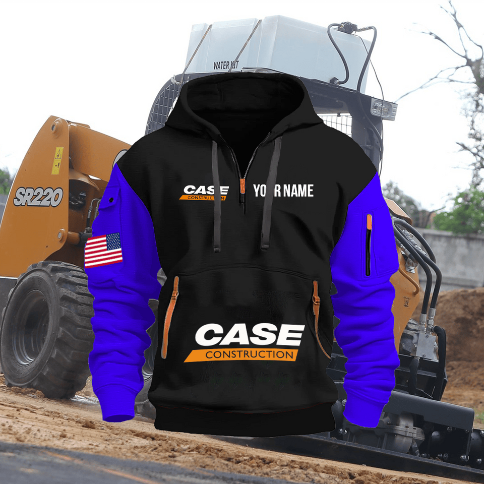 Case Construction Equipment Personalized Name Black Quarter Zipper Hoodie - Blue Sleeve Unisex T-shirt, Sweatshirt, Hoodie, Long Sleeve Tee - T-Shirt, Sweatshirt, Hoodie