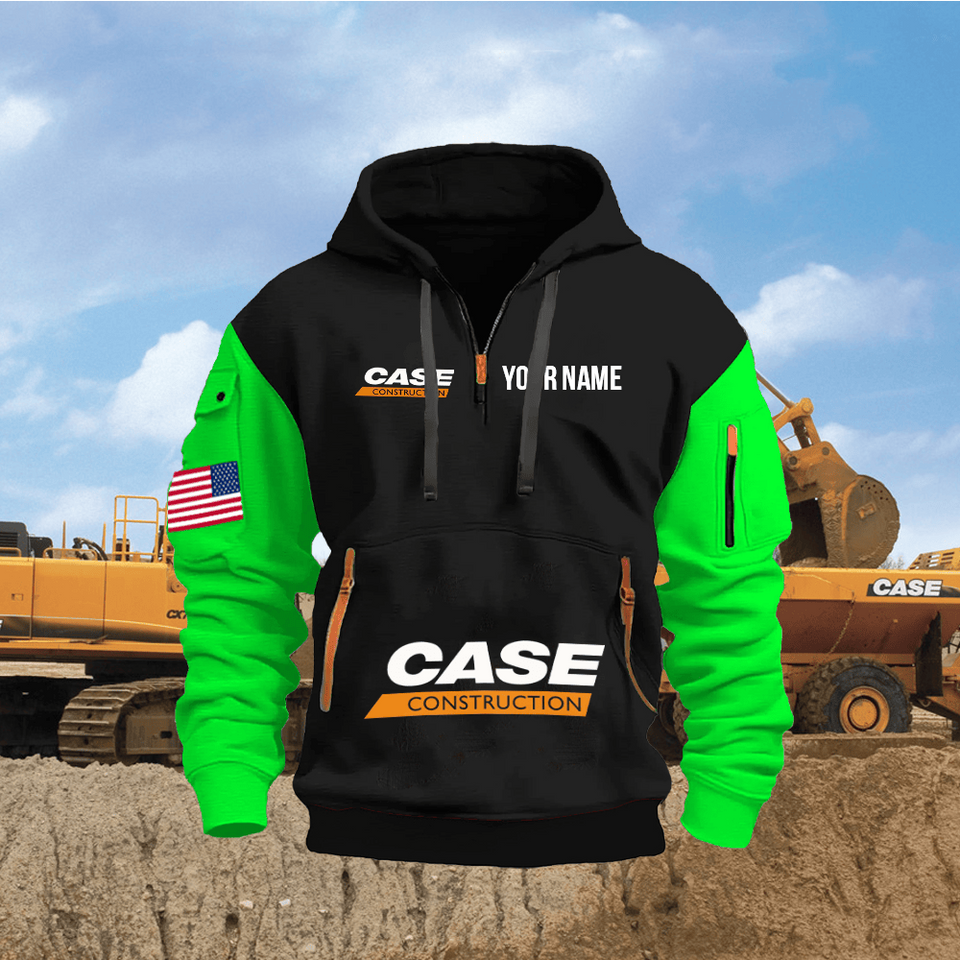 Case Construction Equipment Personalized Name Black Quarter Zipper Hoodie - Green Sleeve Unisex T-shirt, Sweatshirt, Hoodie, Long Sleeve Tee - T-Shirt, Sweatshirt, Hoodie