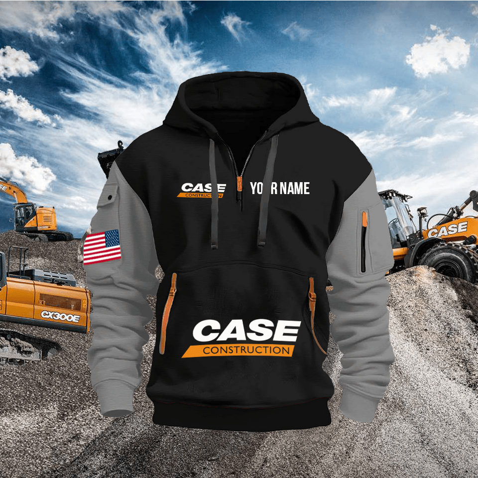 Case Construction Equipment Personalized Name Black Quarter Zipper Hoodie - Grey Sleeve Unisex T-shirt, Sweatshirt, Hoodie, Long Sleeve Tee - T-Shirt, Sweatshirt, Hoodie