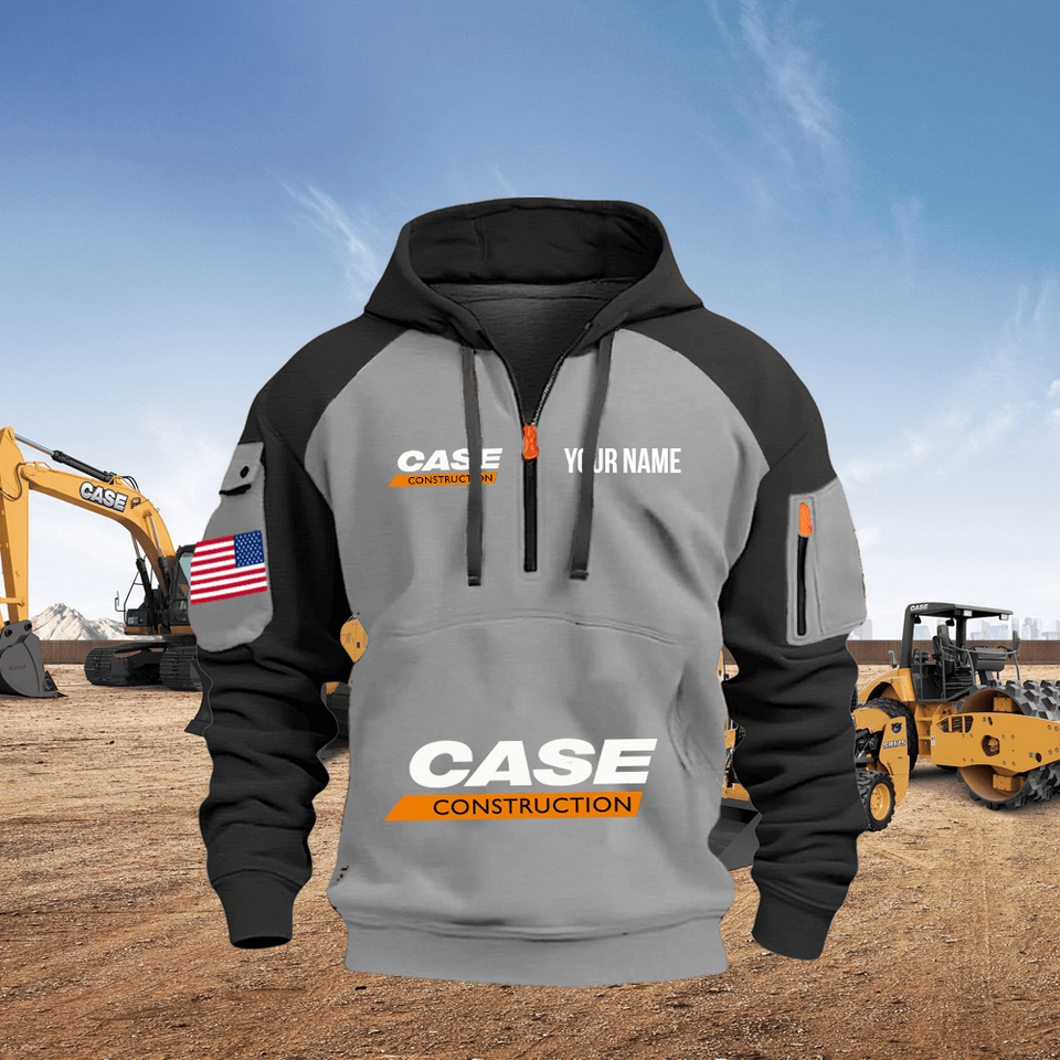 Case Construction Equipment Personalized Name Grey Quarter Zipper Hoodie - Black Sleeve Unisex T-shirt, Sweatshirt, Hoodie, Long Sleeve Tee - T-Shirt, Sweatshirt, Hoodie