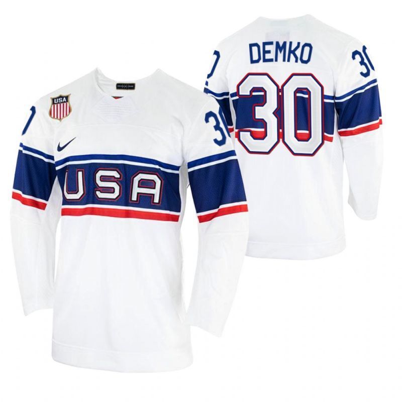 2022 beijing winter olympic #30 thatcher-demko-usa-hockey-men-home-white-jersey Hockey Jersey hockey jersey product view 1