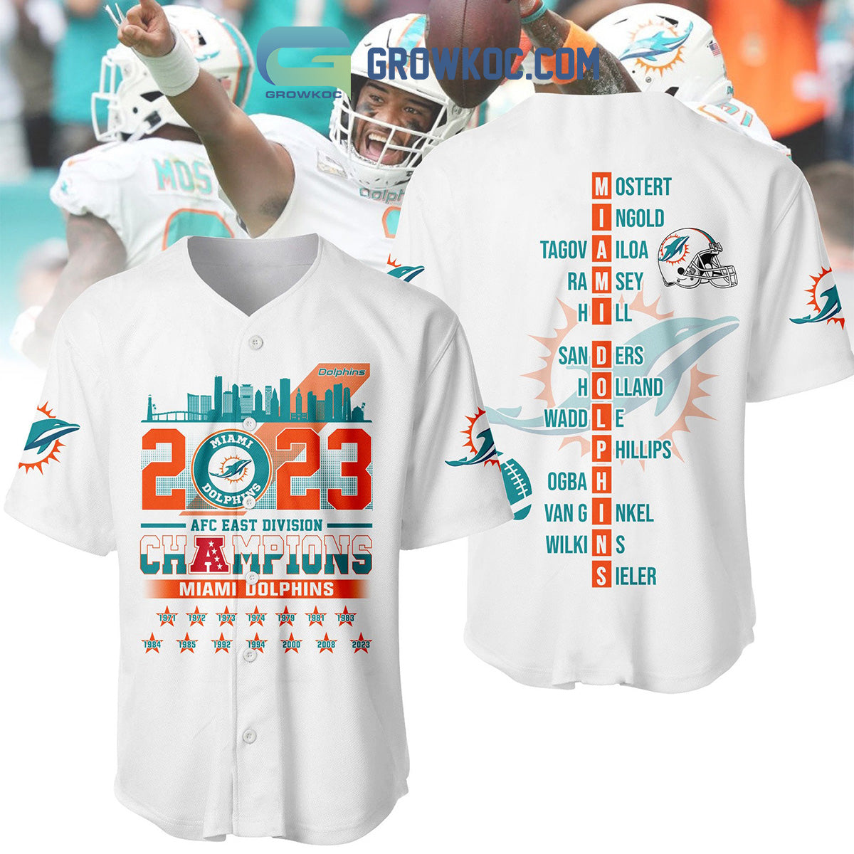 2023 AFC Champions Miami Dolphins Baseball Jersey baseball jersey product view 1