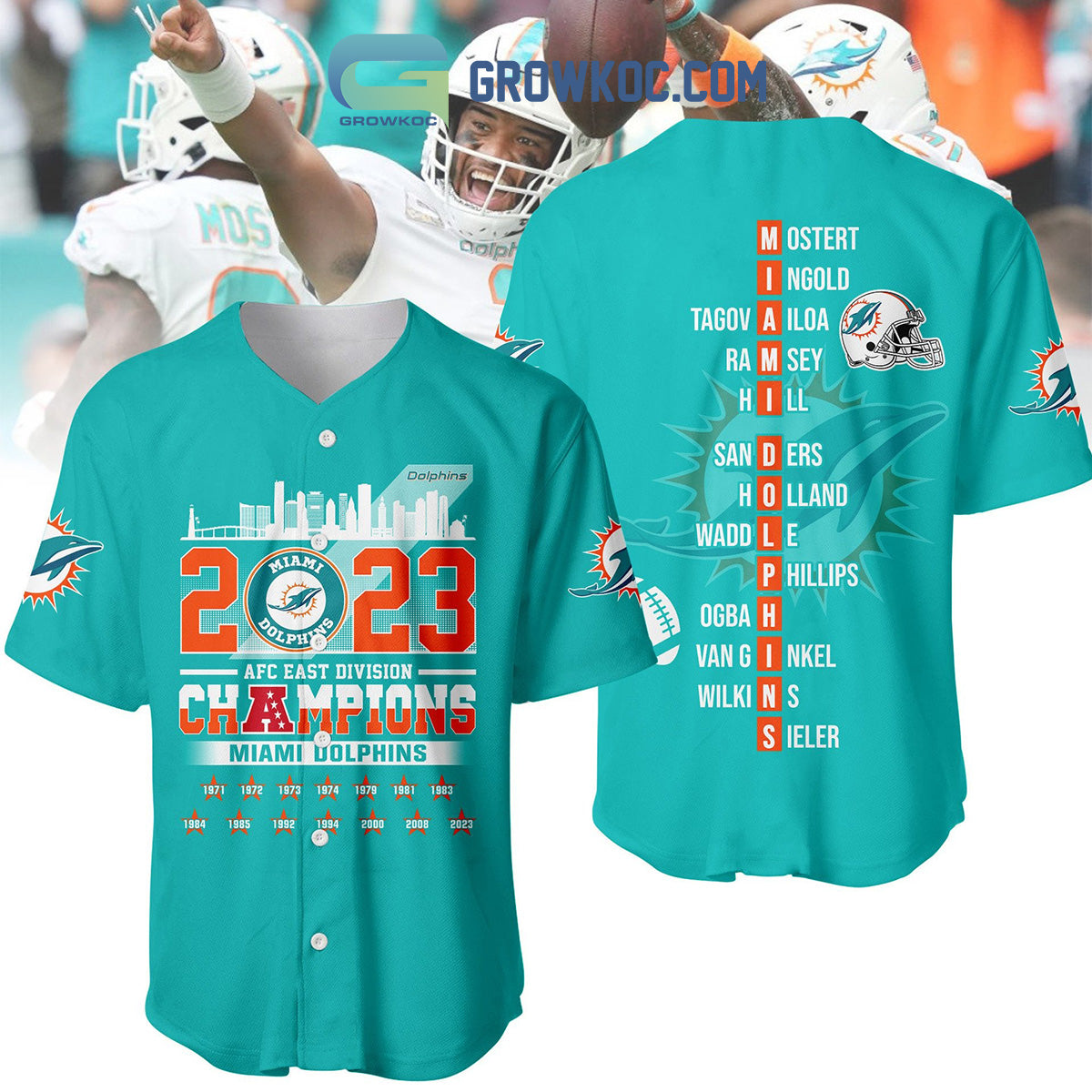 2023 AFC Champions Miami Dolphins Baseball Jersey baseball jersey product view 2